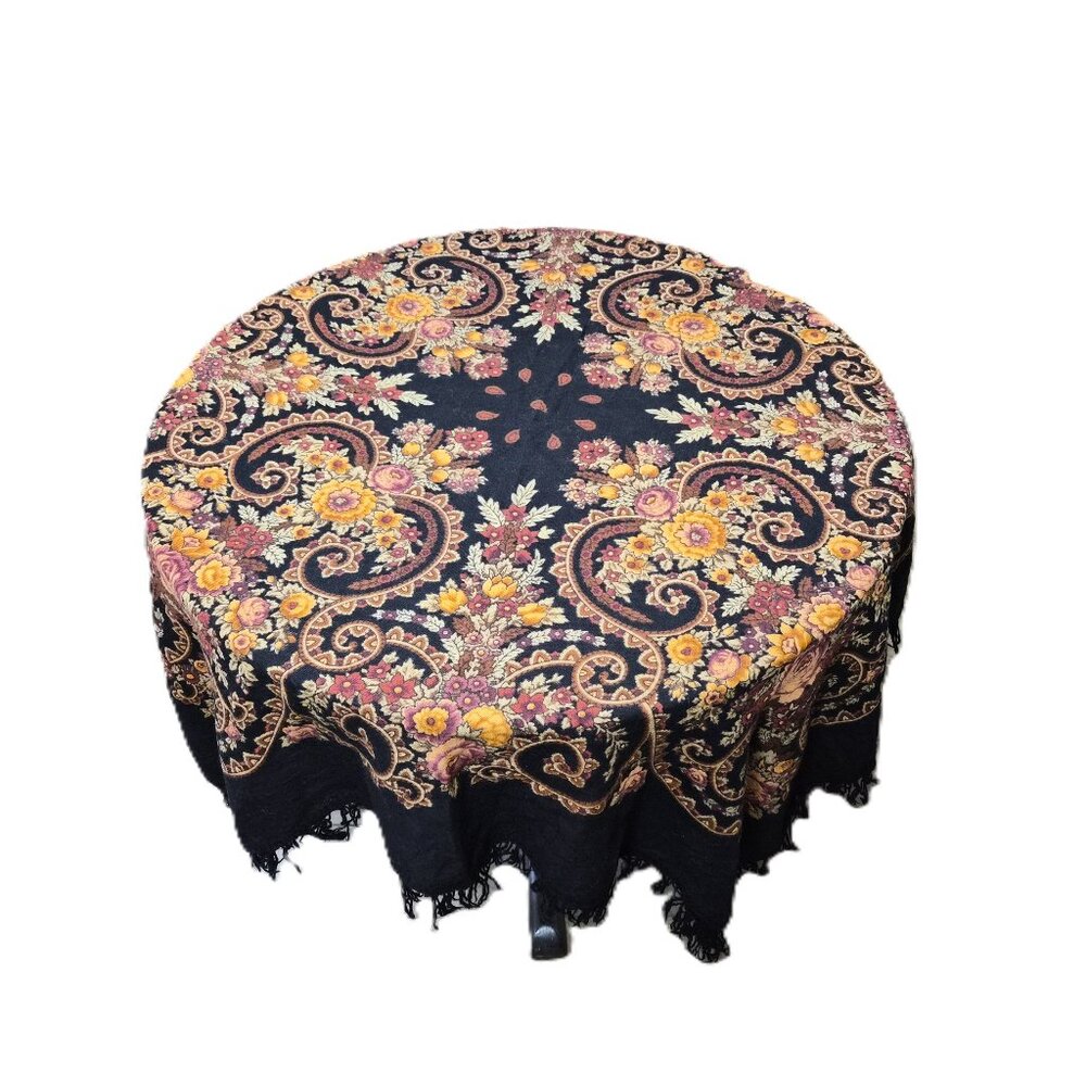 Vintage Pavlovo Posad Wool Shawl Black Floral 45'' Square Russian Folk ScarfUSSR